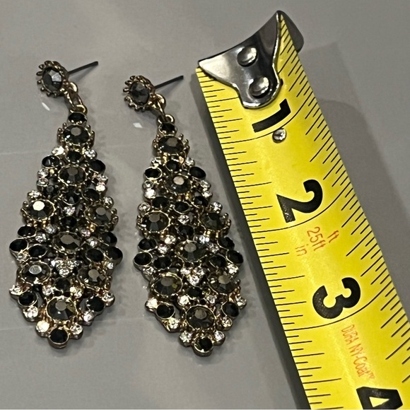 Vintage gold tone Black And Clear Rhinestone Chandelier Dangle Earrings - Picture 2 of 3
